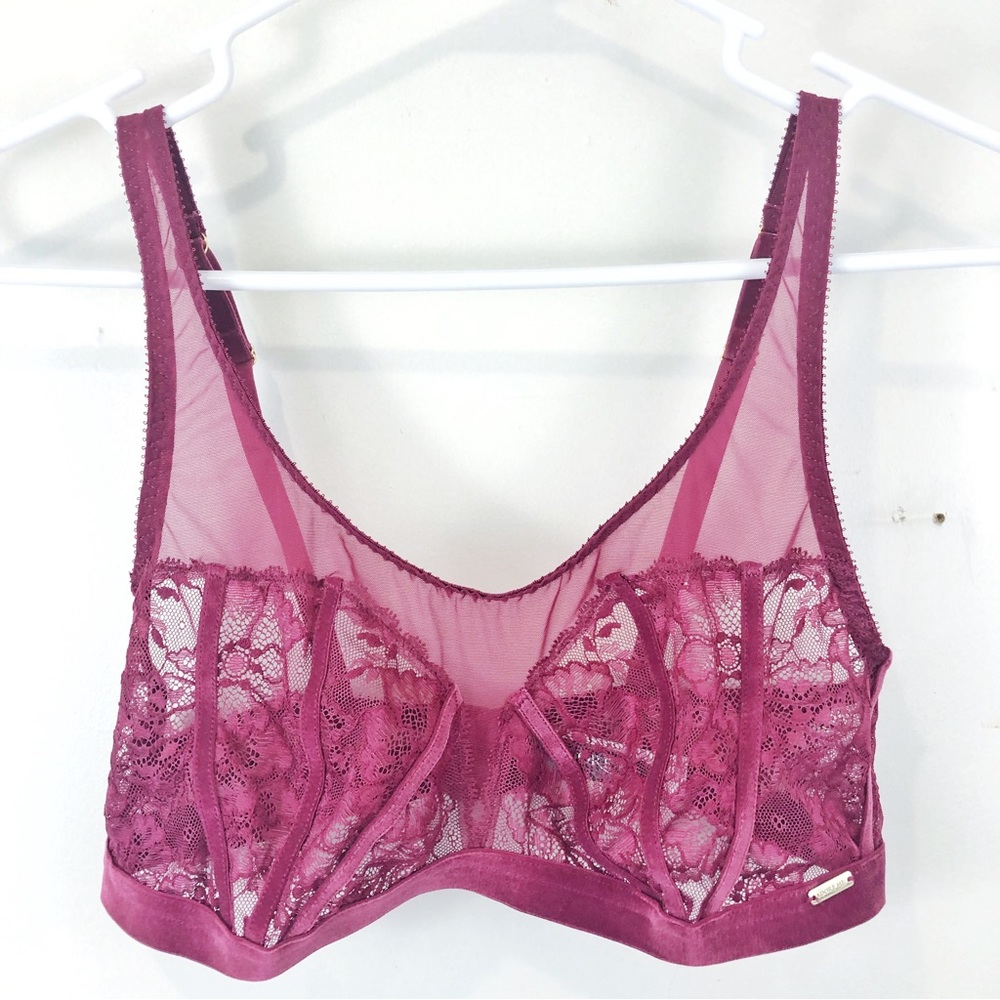 Adore Me Burgundy Velvet Sheer Lace Bra Size Large Wine Red